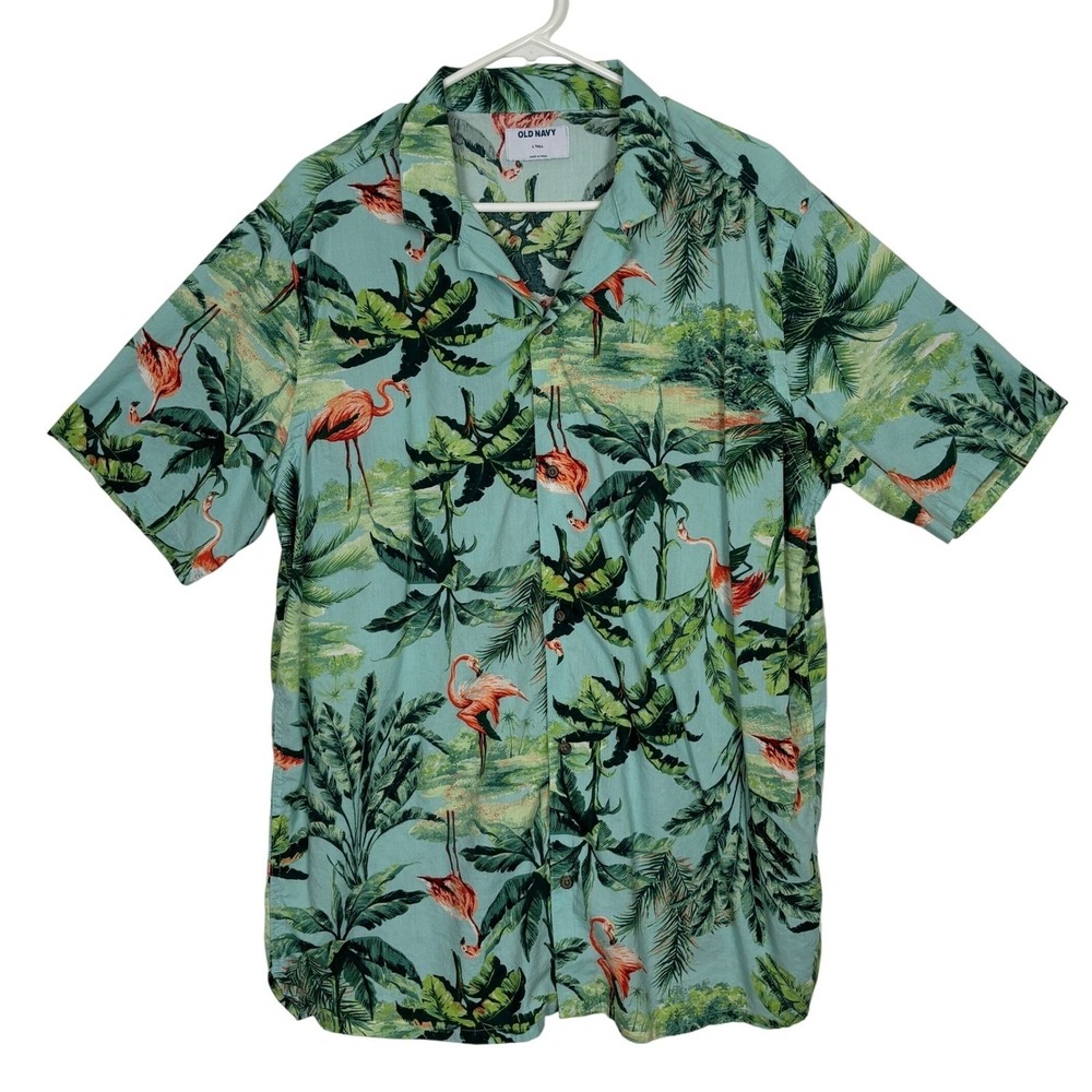 Old Navy Button Down Shirt Mens L Tall Blue Flamingo Tropical Hawaiian Summer